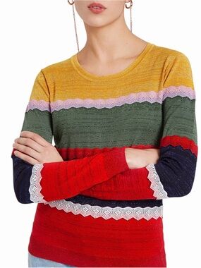 Desigual Multicolor Metallic Striped Knit Sweater • Lace Trim • Size M
